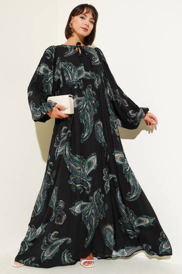 Yarasa Kol Bağcıklı Desenli Elbise Zümrüt - Elbise