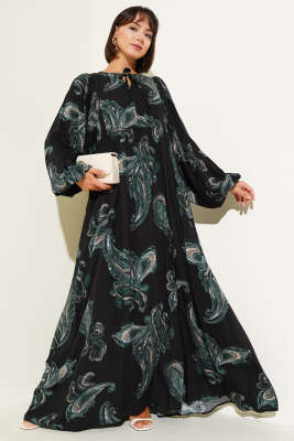 Yarasa Kol Bağcıklı Desenli Elbise Zümrüt - Tesettür Elbise