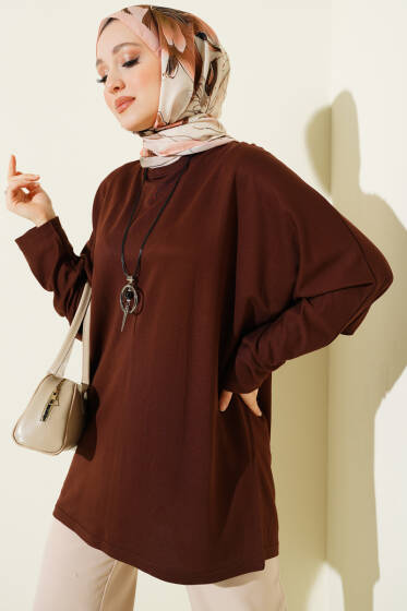 Yarasa Kol Basic Loyşa Tunik Kahve - Tunik