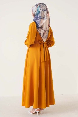 Yarasa Kol Beli Kuşaklı Hardal Elbise - Thumbnail