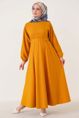 Yarasa Kol Beli Kuşaklı Hardal Elbise - Thumbnail