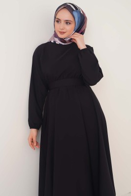 Yarasa Kol Beli Kuşaklı Siyah Elbise - Thumbnail