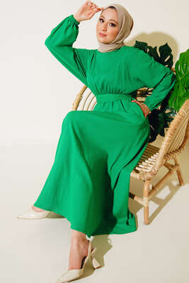 Yarasa Kol Beli Lastikli Kuşaklı Elbise Benetton - Thumbnail