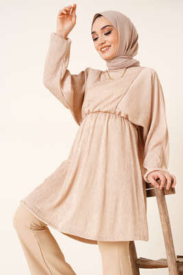 Yarasa Kol Beli Lastikli Tunik Bej 