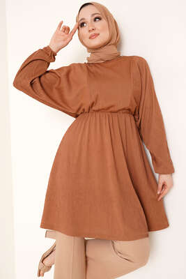 Yarasa Kol Beli Lastikli Tunik Camel - Tunik