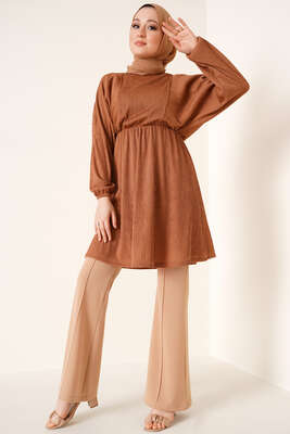 Yarasa Kol Beli Lastikli Tunik Camel - Tunik