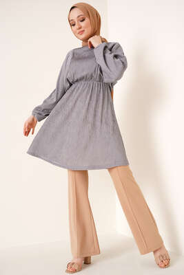 Yarasa Kol Beli Lastikli Tunik Gri - Tunik