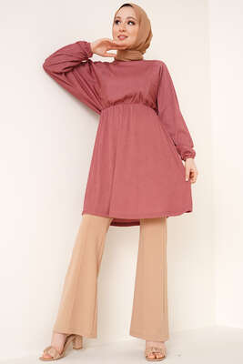 Yarasa Kol Beli Lastikli Tunik Gül Kurusu - Tunik