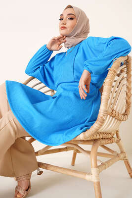 Yarasa Kol Beli Lastikli Tunik Mavi 