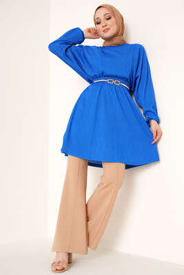 Yarasa Kol Beli Lastikli Tunik Saks - Tunik