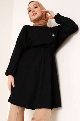 Yarasa Kol Beli Lastikli Tunik Siyah 