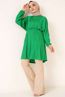 Yarasa Kol Beli Lastikli Tunik Yeşil - Tunik