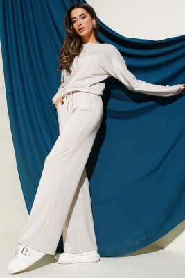 Yarasa Kol Bluzlu Loyşa İkili Takım Bej - TİLLE