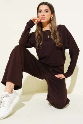 Yarasa Kol Bluzlu Loyşa İkili Takım Kahve - TİLLE