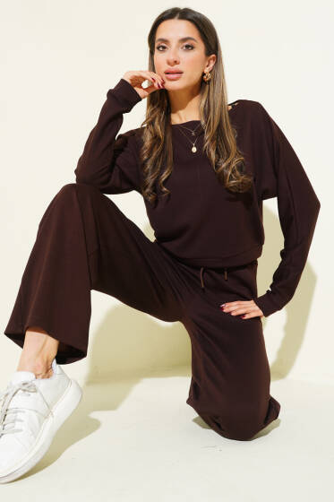 Yarasa Kol Bluzlu Loyşa İkili Takım Kahve - Kadın Giyim Modelleri