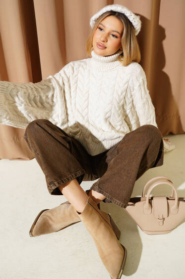 Yarasa Kol Boğazlı Triko Kazak Bej - Kadın Giyim Modelleri