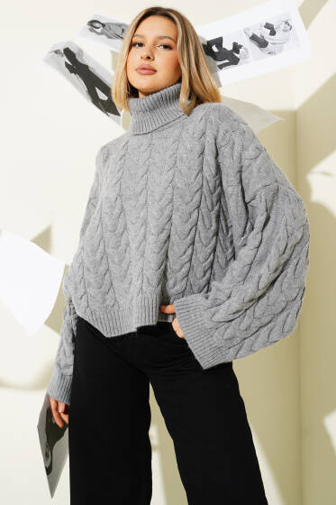 Yarasa Kol Boğazlı Triko Kazak Gri - Kadın Giyim Modelleri