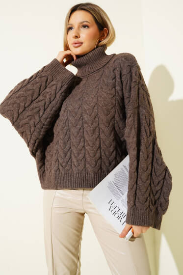 Yarasa Kol Boğazlı Triko Kazak Kahve - Kadın Giyim Modelleri