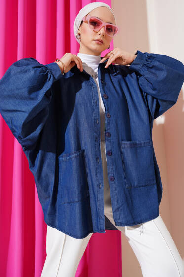 Yarasa Kol Cepli Oversize Kot Gömlek Koyu Mavi - Gömlek