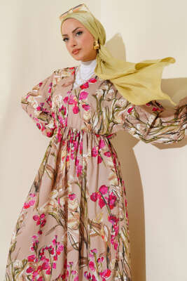 Yarasa Kol Çiçek Desenli Elbise Bej - Tesettür Elbise