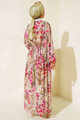 Yarasa Kol Çiçek Desenli Elbise Bej - Tesettür Elbise