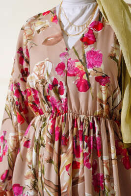 Yarasa Kol Çiçek Desenli Elbise Bej - Tesettür Elbise