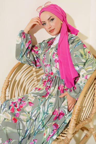 Yarasa Kol Çiçek Desenli Elbise Çağla Yeşili - Elbise