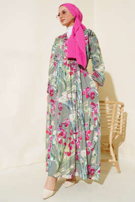 Yarasa Kol Çiçek Desenli Elbise Çağla Yeşili - Tesettür Elbise