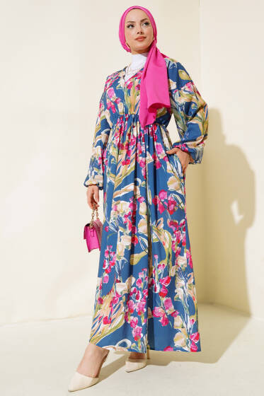 Yarasa Kol Çiçek Desenli Elbise İndigo - Elbise