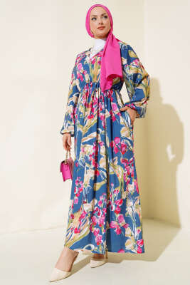 Yarasa Kol Çiçek Desenli Elbise İndigo 