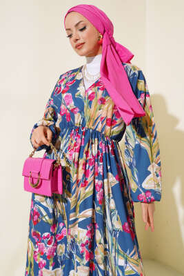 Yarasa Kol Çiçek Desenli Elbise İndigo - Tesettür Elbise