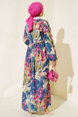 Yarasa Kol Çiçek Desenli Elbise İndigo - Tesettür Elbise