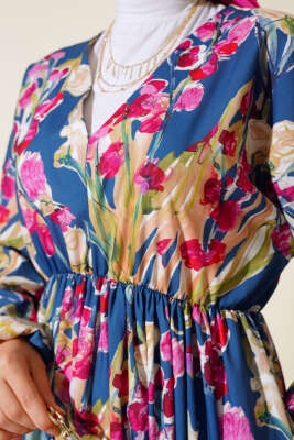 Yarasa Kol Çiçek Desenli Elbise İndigo - Tesettür Elbise