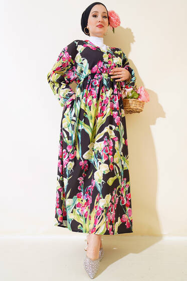 Yarasa Kol Çiçek Desenli Elbise Yeşil - Elbise