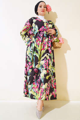 Yarasa Kol Çiçek Desenli Elbise Yeşil 