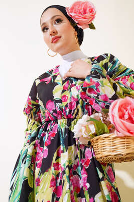 Yarasa Kol Çiçek Desenli Elbise Yeşil - Tesettür Elbise