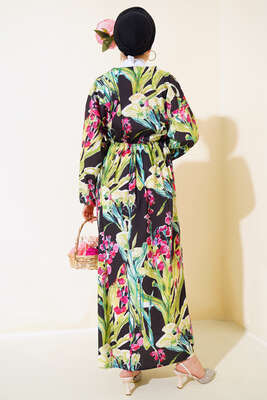 Yarasa Kol Çiçek Desenli Elbise Yeşil - Tesettür Elbise