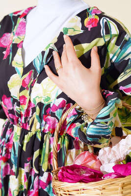 Yarasa Kol Çiçek Desenli Elbise Yeşil - Tesettür Elbise