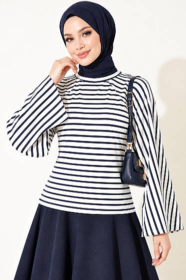 Yarasa Kol Çizgili Bluz Lacivert - Tunik