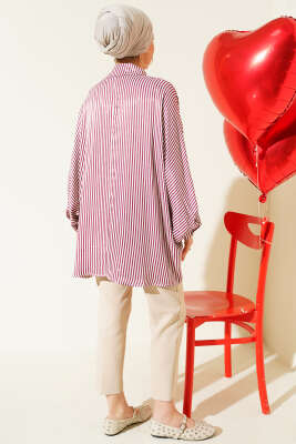 Yarasa Kol Çizgili Oversize Gömlek Bordo - Gömlek