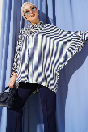 Yarasa Kol Çizgili Oversize Gömlek Lacivert - Gömlek