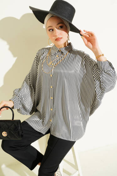 Yarasa Kol Çizgili Oversize Gömlek Siyah - Gömlek