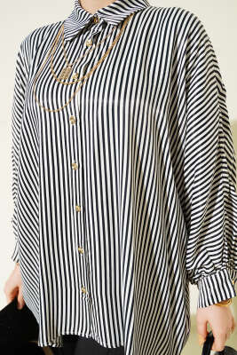 Yarasa Kol Çizgili Oversize Gömlek Siyah - Gömlek