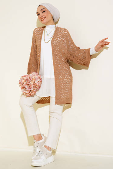 Yarasa Kol Dantel Hırka Camel - Hırka
