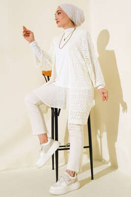 Yarasa Kol Dantel Hırka Ekru - Triko Hırka