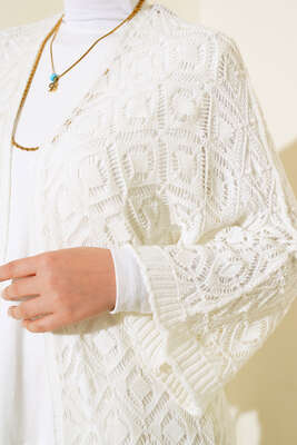 Yarasa Kol Dantel Hırka Ekru - Triko Hırka