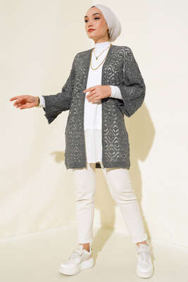 Yarasa Kol Dantel Hırka Füme - Triko Hırka