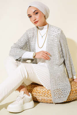 Yarasa Kol Dantel Hırka Gri - Triko Hırka