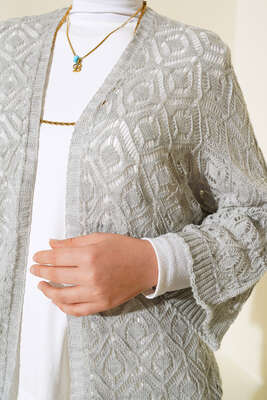 Yarasa Kol Dantel Hırka Gri - Triko Hırka