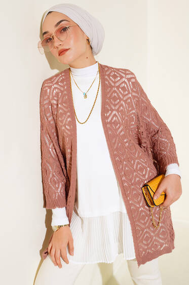 Yarasa Kol Dantel Hırka Gül Kurusu - Hırka